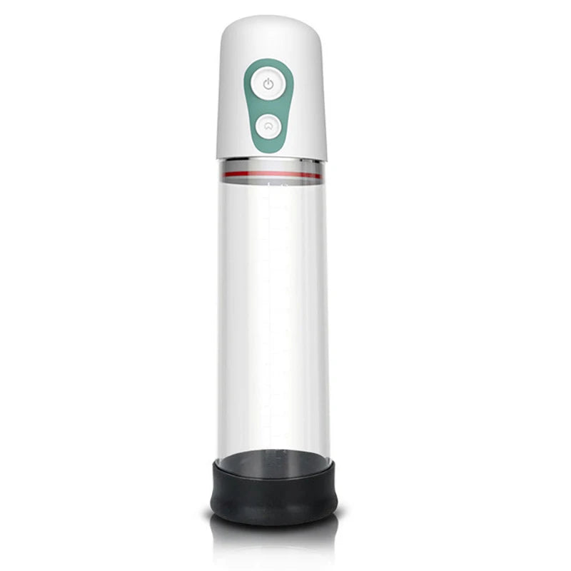 A white electric air penis pump with a green and white control panel, a transparent silicone cylinder, and a black silicone sleeve.