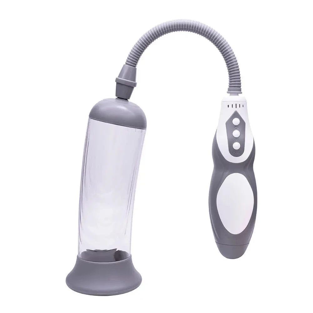 This product photo shows the three-button electric vacuum pump with a white and gray extendable remote control, a gray flexible pump hose, and a clear cylinder chamber