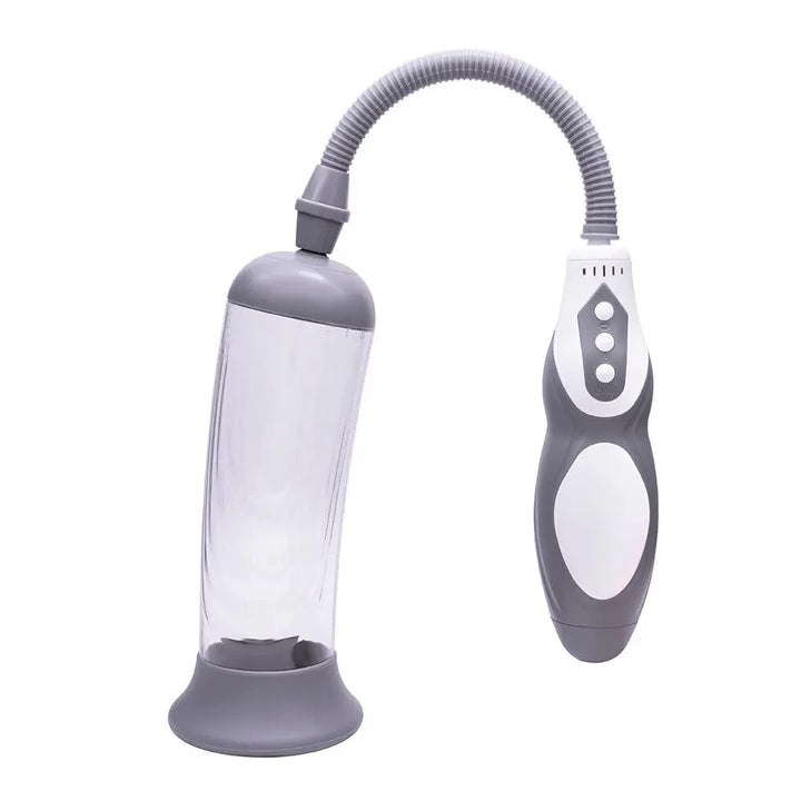 This product photo shows the three-button electric vacuum pump with a white and gray extendable remote control, a gray flexible pump hose, and a clear cylinder chamber