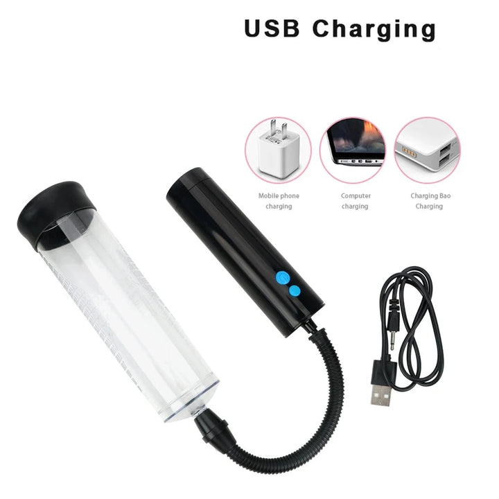 An image shows the various ways to charge the electric two-button vacuum pump including a mobile phone, computer, and charging bank