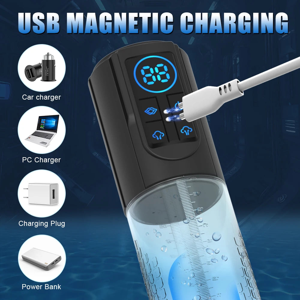 this image shows how and where to connect the USB magnetic charging cable to the electric penis pump, and different outlets and source of electricity to charge the pump