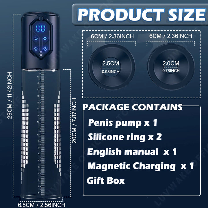 A chart showing the dimensions of the electric water penis pump series C, including the device measuring 11.42" inches in total length, 7.87" inches in insertable length, and 2.56" inches in diameter.