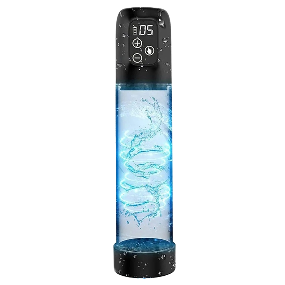 A black and transparent electric water penis pump with a 3-button LCD control panel with battery level, pressure level, and blue water visible inside the tube.
