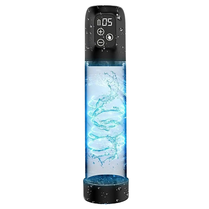 A black and transparent electric water penis pump with a 3-button LCD control panel with battery level, pressure level, and blue water visible inside the tube.