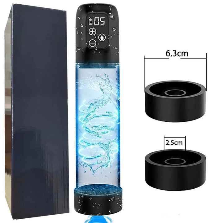 This image shows the electric water penis pump (series A) with two included silicone sleeves and the product box