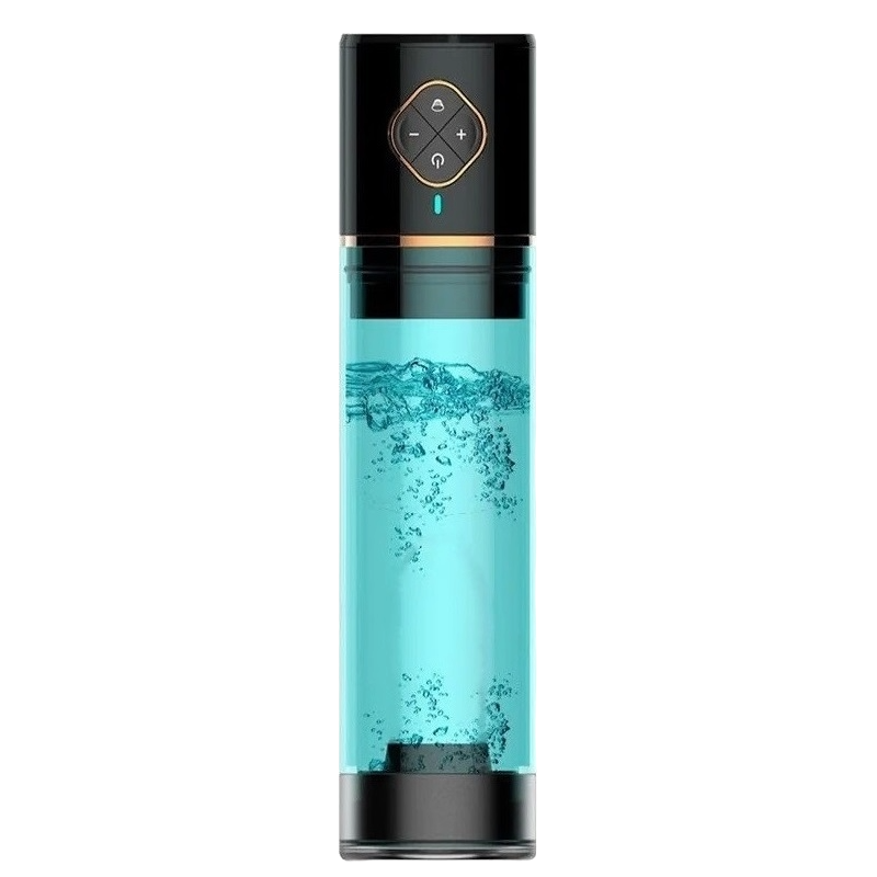 This image shows an electric water penis pump with a four-button control panel on top and a clear cylinder with a water graphic