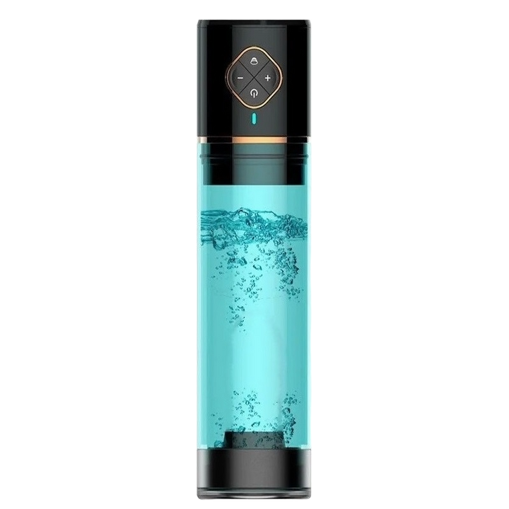 This image shows an electric water penis pump with a four-button control panel on top and a clear cylinder with a water graphic