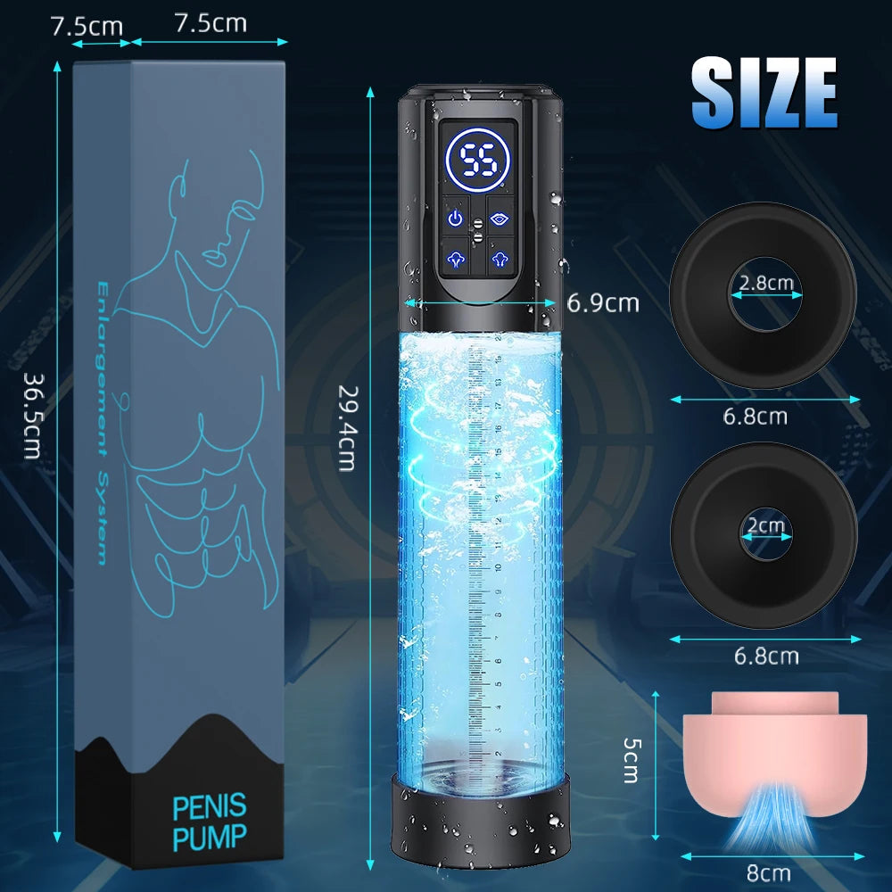 Image shows the full package contents of the Series C Electric Water Penis Pump with a blue product box, water penis pump, two silicone sleeves, and one pleasure sleeve, all with their dimensions