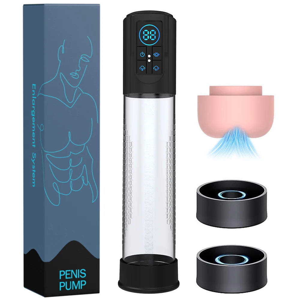 This image shows an electric LCD water vacuum pump with a pink pleasure sleeve, two black silicone sleeves, and a blue product box