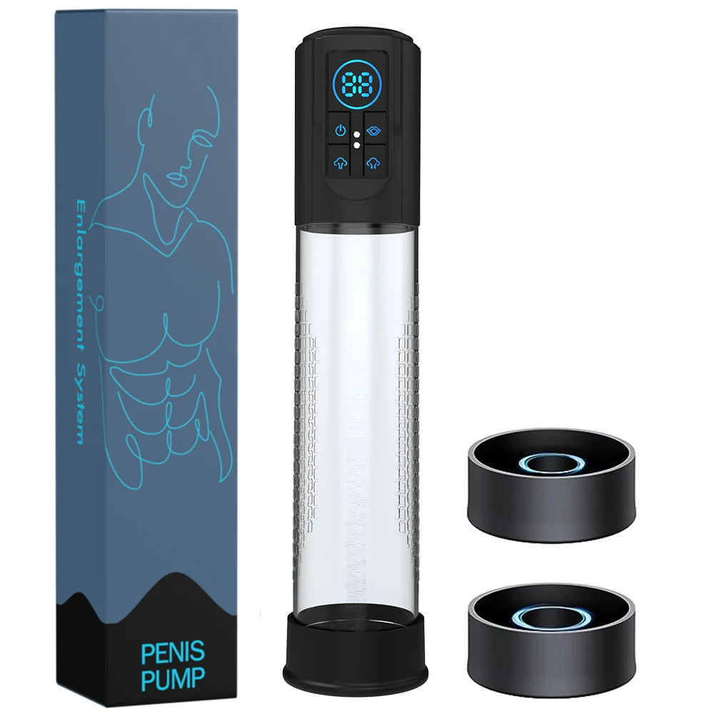 This image shows the electric water penis pump series C with two silicone sleeves and a blue product box showing an image of a man