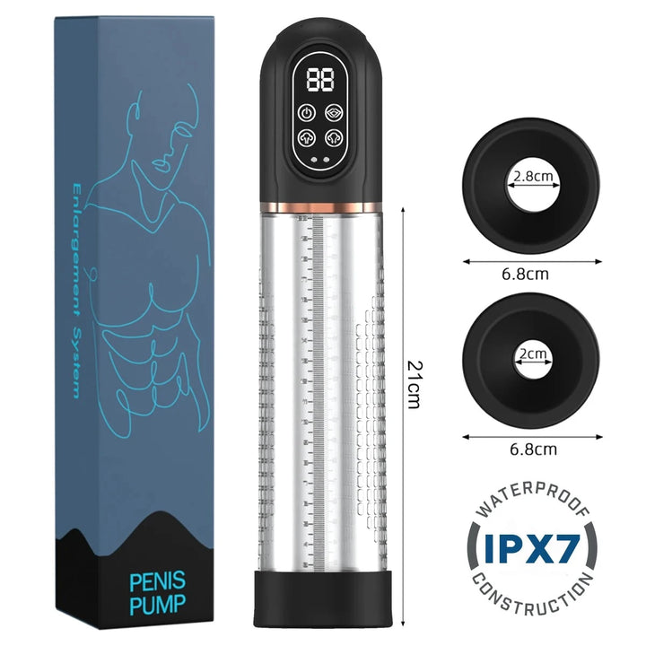 An image showing the package contents of the electric water penis pump, including the pumping device, two black silicone sleeves, and a blue product box.