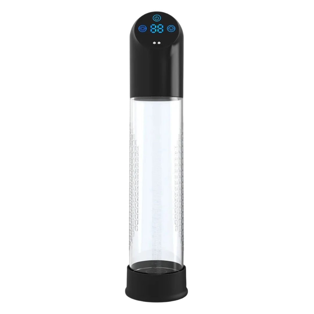 This image shows an electric-powered water penis pump for men with a black digital LCD control panel on the top of the device, and a clear acrylic transparent cylinder on the bottom.