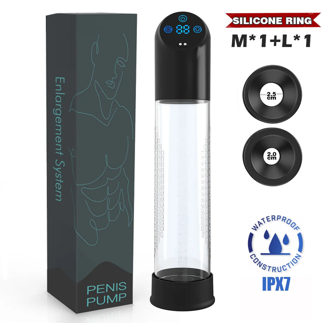 This image shows the electric water penis pump series g package contents including the gray product box, black and clear water pump, two black silicone rings, with the IPX7 waterproof construction designation