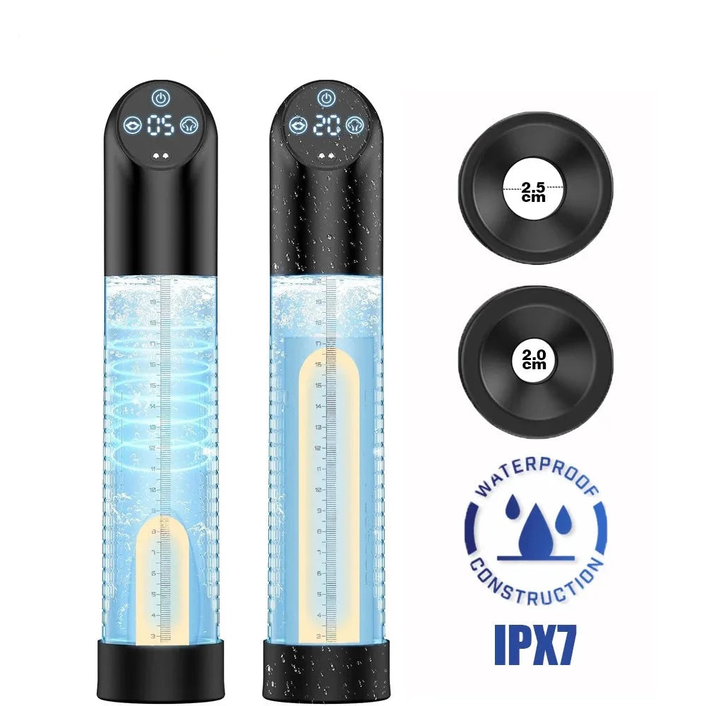 This image shows two electric water penis pumps in operation, pumping a penis using pressure