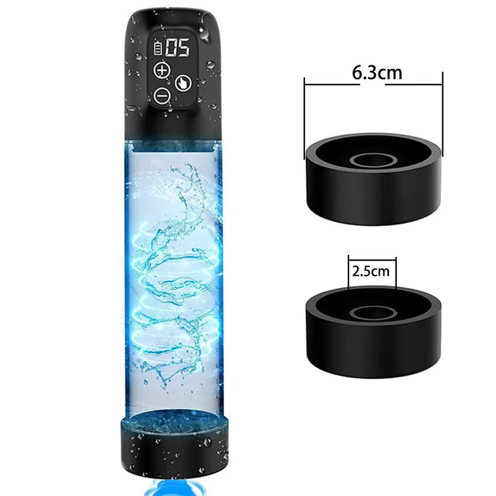 This image shows an electric water penis pump with the two included silicone sleeves and their measurements