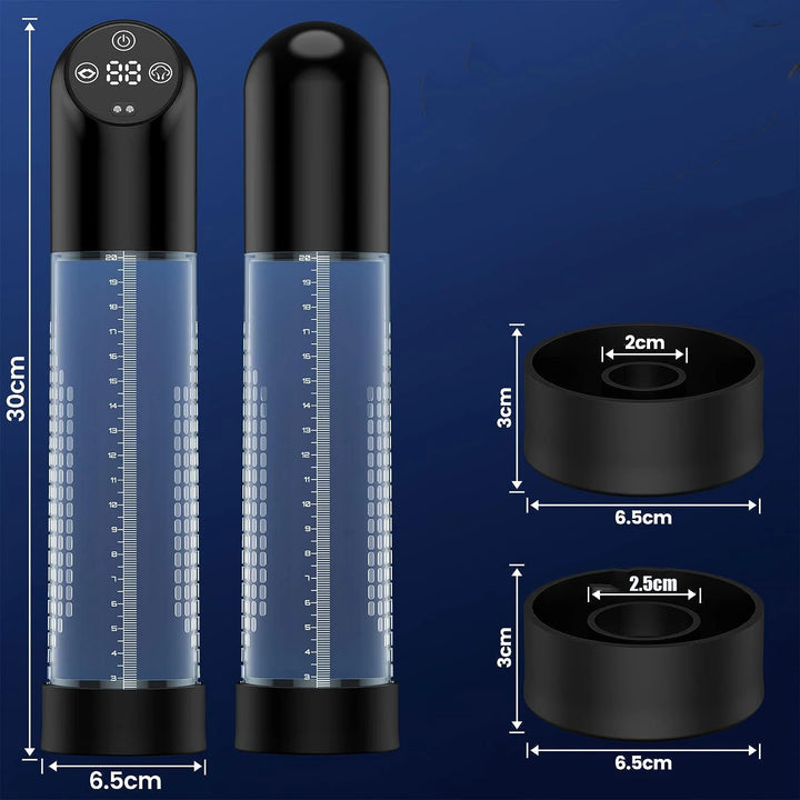 This image shows the dimensions of the electric water penis pump series g including the length and diameter of the device, and the height and diameter of the included silicone sleeves