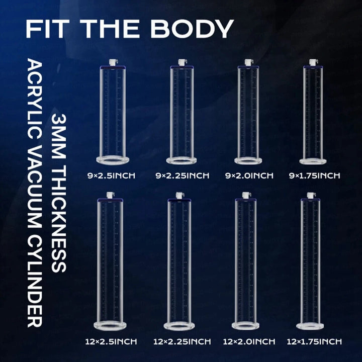 An image of eight cylinders offered with the ErgoMax Elite, including lengths of 9" inches or 12" inches, and diameters of 2.5", 2.25, 2.0, or 1.75 inches. Each cylinder has a wall that's 3mm thickness