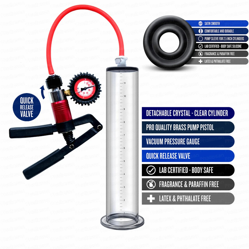 An image detailing the benefits of the ErgoMax Elite Penis Pump including a quick release safety valve, a silicone sleeve that is body safe, and a clear cylinder that is transparent for monitoring progress, and is made of a fragrance free and latex free material.