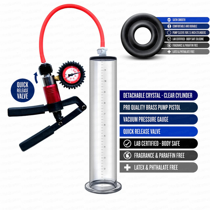 An image detailing the benefits of the ErgoMax Elite Penis Pump including a quick release safety valve, a silicone sleeve that is body safe, and a clear cylinder that is transparent for monitoring progress, and is made of a fragrance free and latex free material.