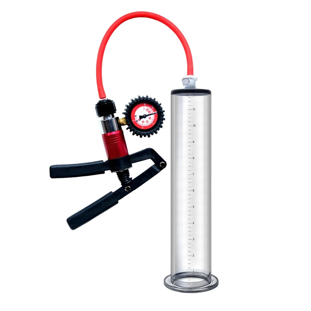 An image of a premium high quality and ergonomic penis pump comprising a clear acrylic cylinder with ruler-numbers imprinted, a red premium silicone hose, and a pistol-style trigger manual pump with an analogue pressure dial gauge, in black, red and silver colors.