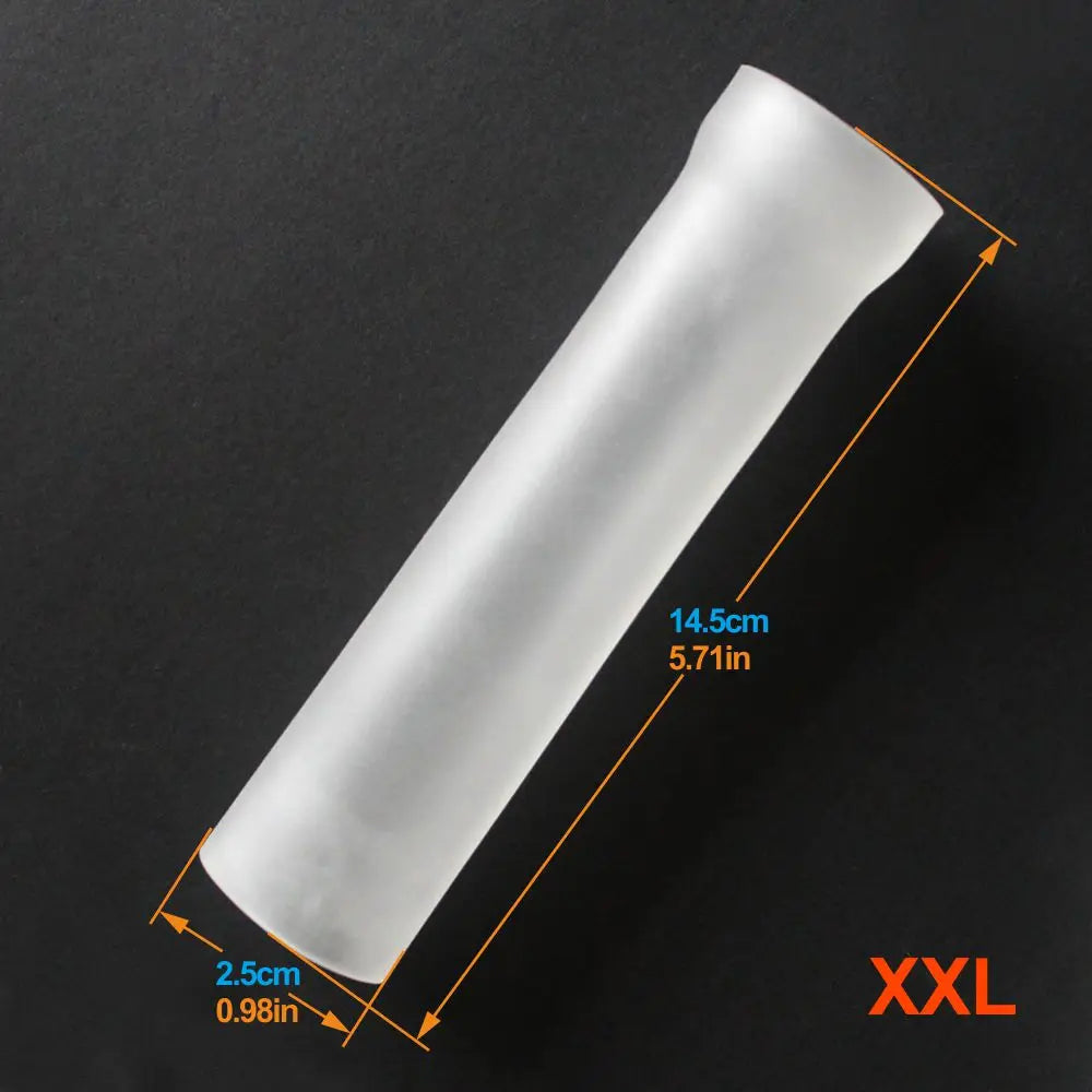 Image shows an extra extra large white silicone sleeve made of medical grade silicone measuring 5.71" inches in length, and 0.98" inches in diameter