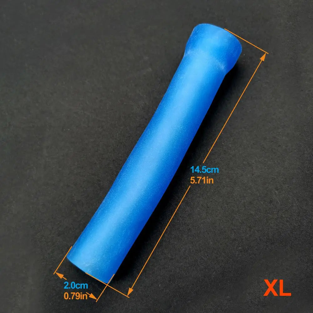 Image shows an extra large 5.71" inch length and 0.79" inch diameter blue penis extender sleeve made out of silicone.