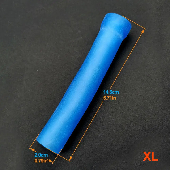 Image shows an extra large 5.71" inch length and 0.79" inch diameter blue penis extender sleeve made out of silicone.
