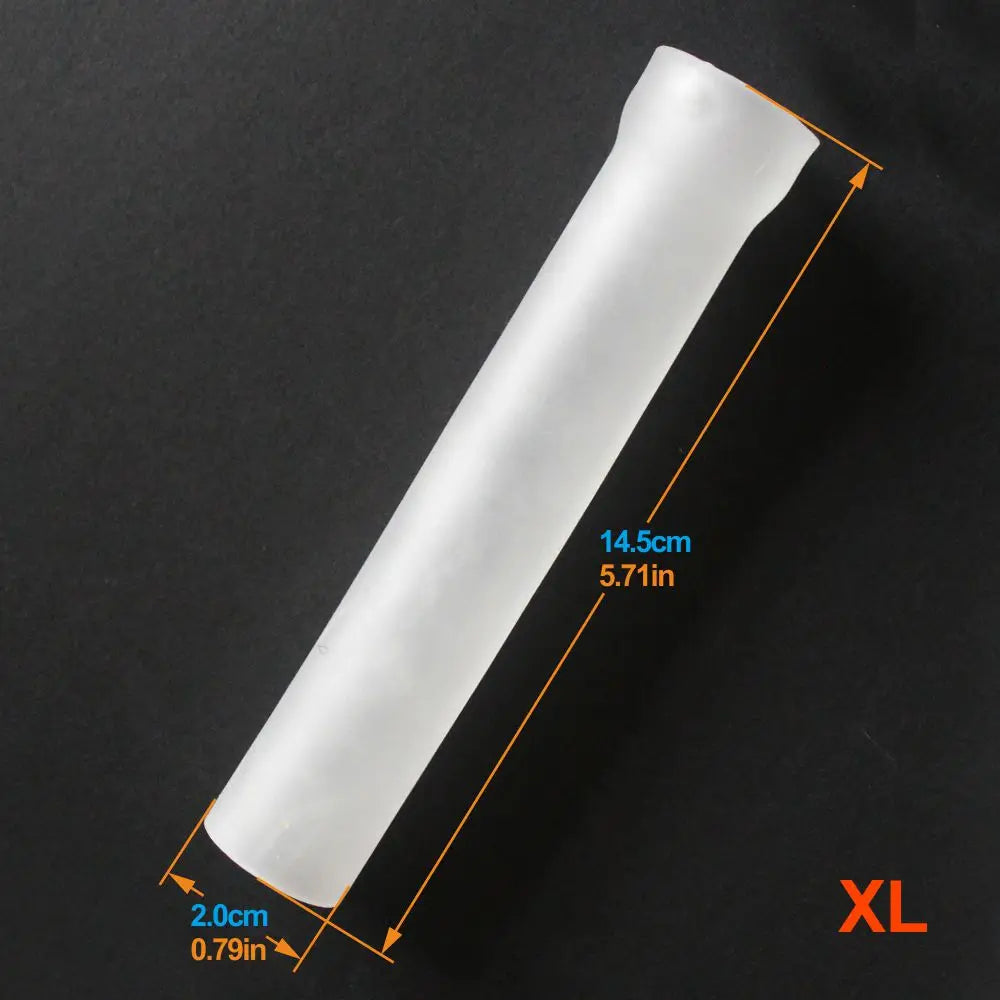 This image shows a long white transparent extra large silicone sleeve measuring 5.71" inches length and 0.79" inches diameter.