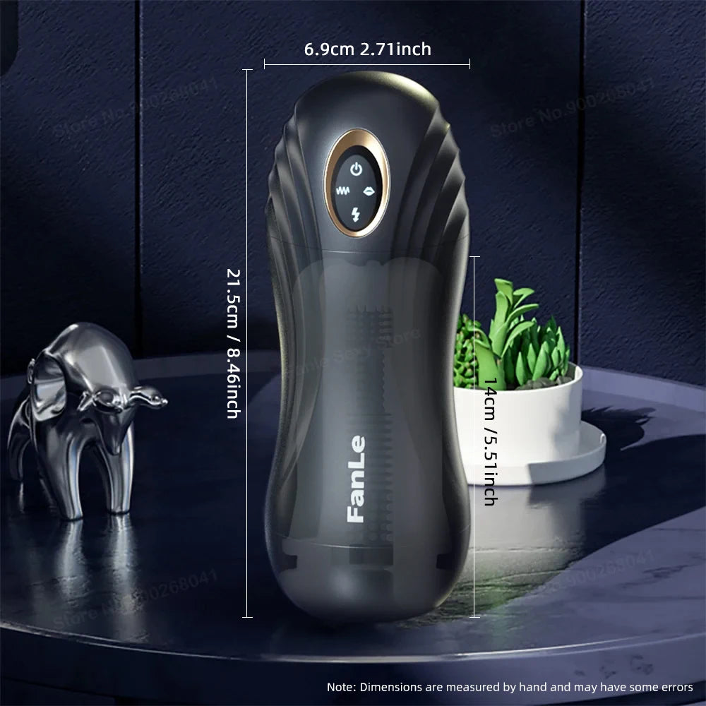 Black handheld masturbation device called Fantasy Lexi with dimensions of 8.46" inches in total length, 5.51" inches in insertable length, and 2.71" inches in width.