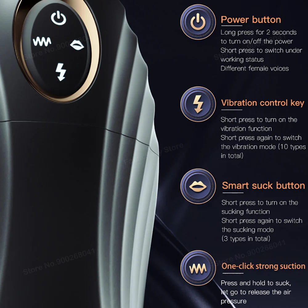 Control panel with 4 buttons of the male masturbation device with button names and descriptions. Power button, vibration mode button, smart sucking function button, and a one-click strong suction that also functions as a safety release vale button.