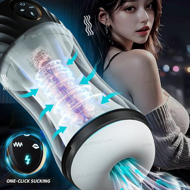 A visual diagram of the Fantasy Lexi male masturbation device in action with arrows showing the suction and vibrating capabilities. There is also an Asian woman in the background to show the masturbatory purposes.