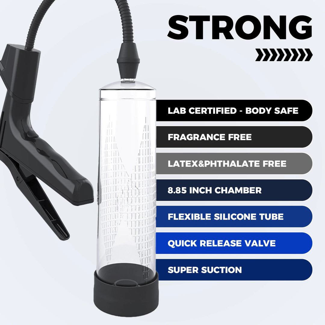 An image showing the features of the starter manual-trigger penis pump such as the chamber's advantages of being body safe, fragrance free, latex free, 8.85 inches, and the rest of the pump having a flexible silicone tube, quick release safety valve button, and great suction