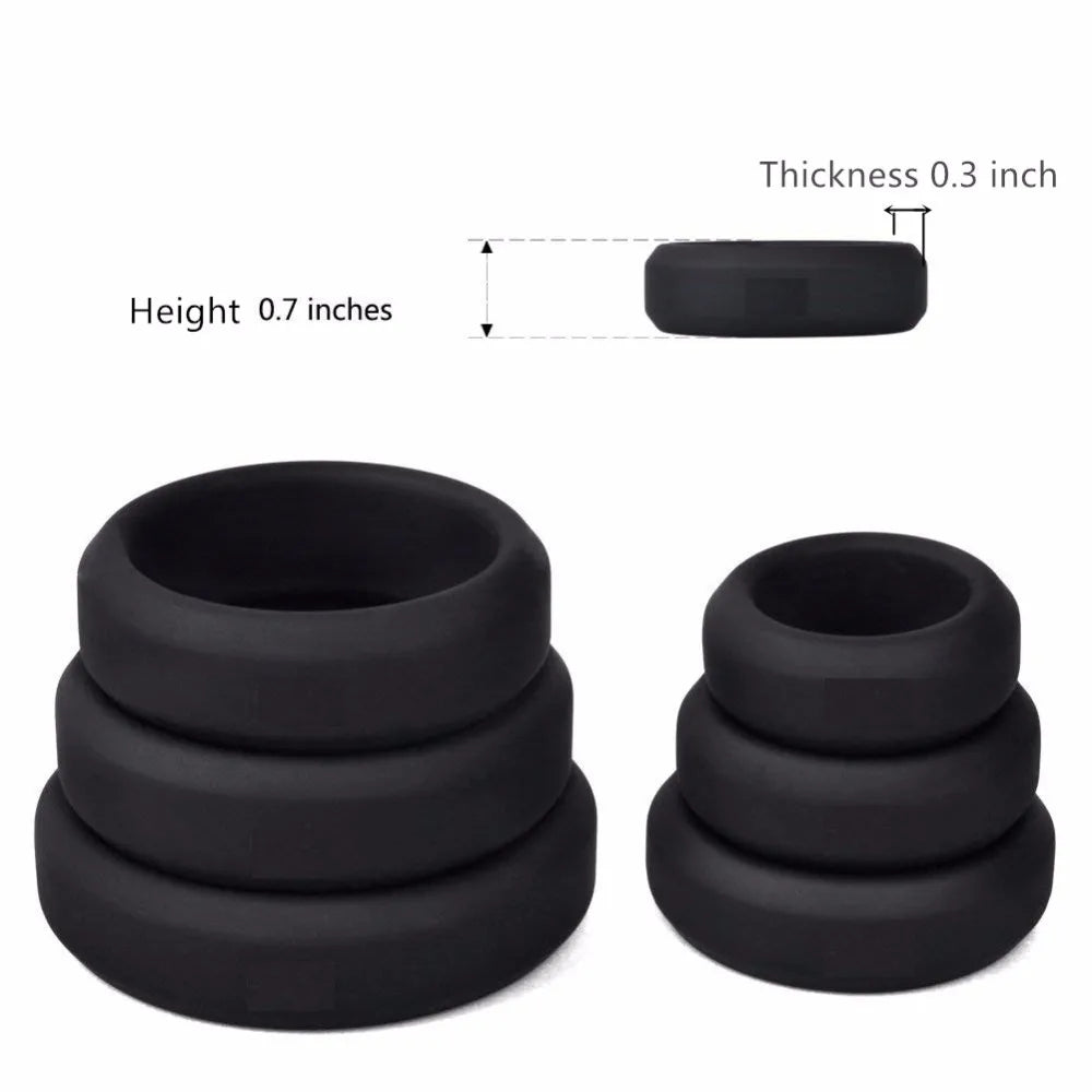 An image showing the height of 0.7 inches and thickness of 0.3 inches for the black flat cock rings