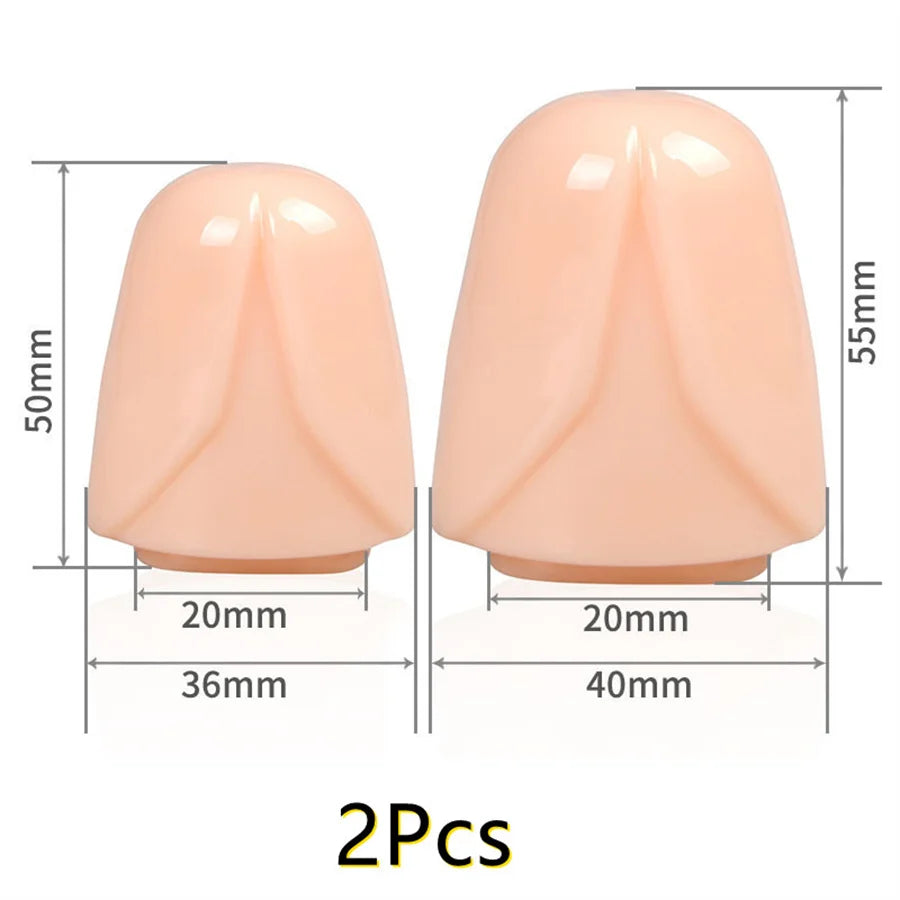Two flesh colored glans cap penis head covers with dimensions on a white background.