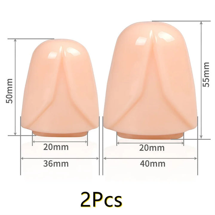 Two flesh colored glans cap penis head covers with dimensions on a white background.