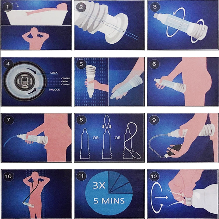 Numbered instructions for water penis pump showing using it in the bath and how to work, attach, pump, and end the penis pump session