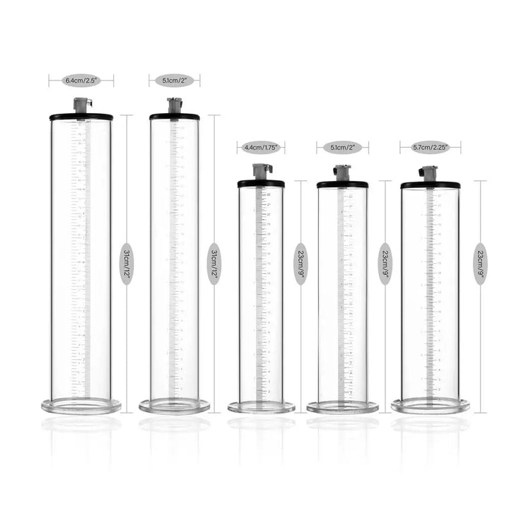 This image shows five (5) clear acrylic penis pump replacement part cylinders with varying lengths and diameters
