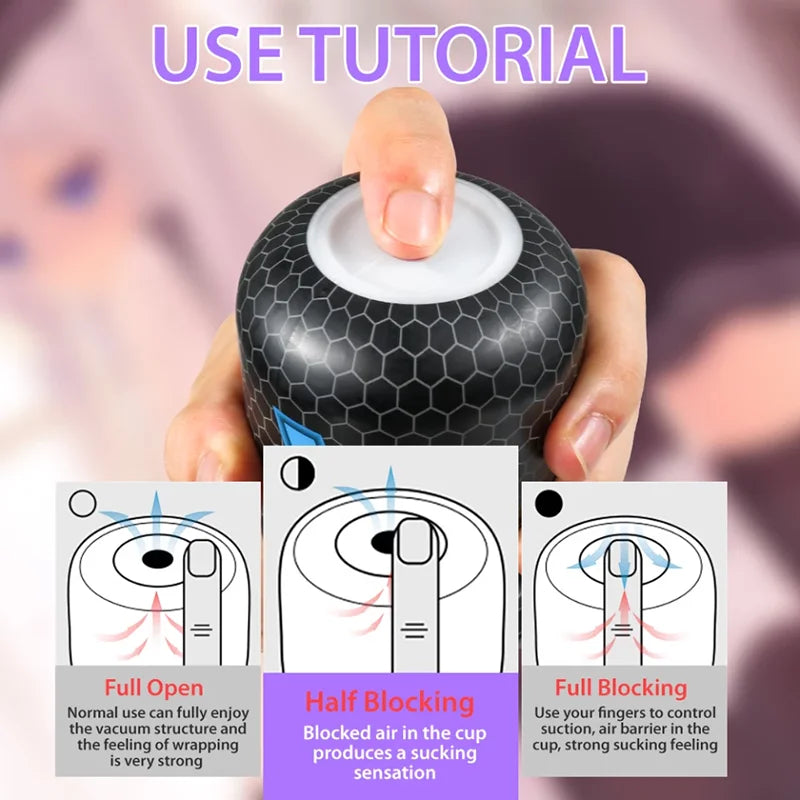 Use tutorial showing how to cover the device hole with your finger in order to generate a vacuum and suction for pleasure.