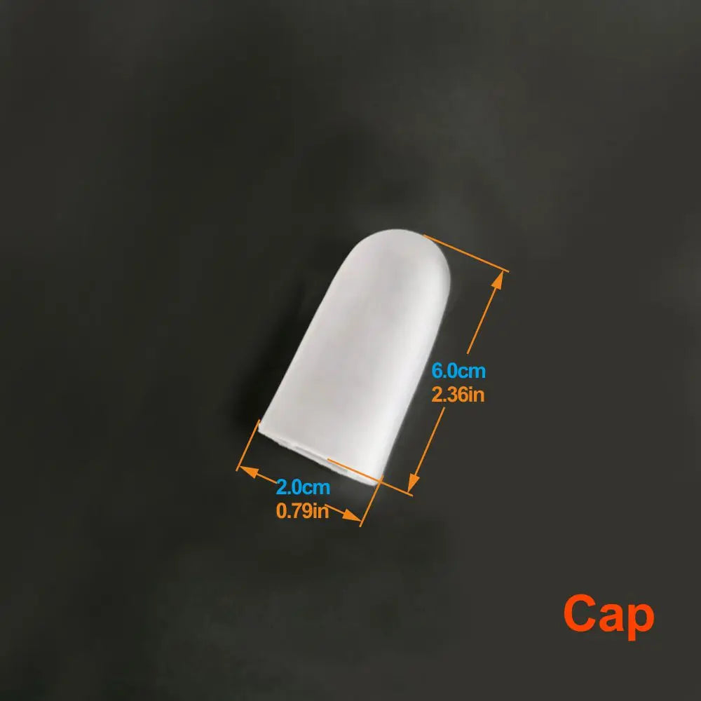 Image shows a transparent white glans cap made of silicone measuring 2.36" inches in length and 0.79" inches in diameter