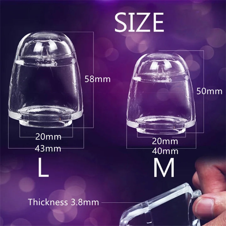 Two clear silicone glans cap penis head covers with dimensions, sizes, and thickness on a purple background.