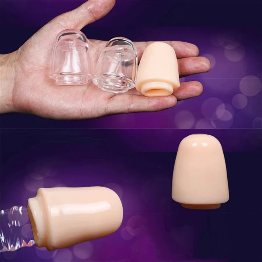 Man's hand holding two clear plastic silicone glans sleeve covers and a flesh beige color silicone penis glans cover on top. On the bottom of the image is a flesh beige color silicone glans cap wrapped over the tip of a penis showing how to apply the cover. Both images are against a purple background