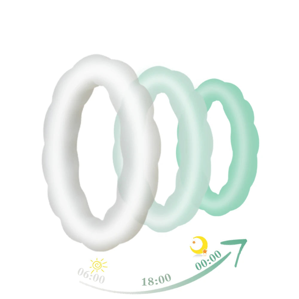 An image showing a white braided cock ring transform to a light green color, representing it will glow in the dark at night.