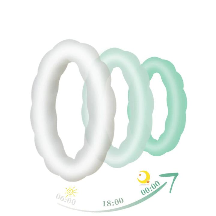 An image showing a white braided cock ring transform to a light green color, representing it will glow in the dark at night.