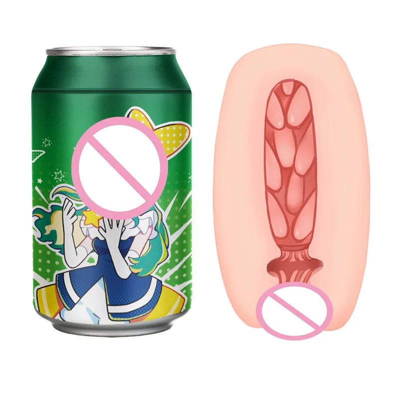 Green can with an anime girl in a skirt and colorful design background. A pink sleeve shows the inner pleasure chamber with a round tunnel and bumps and nodes.