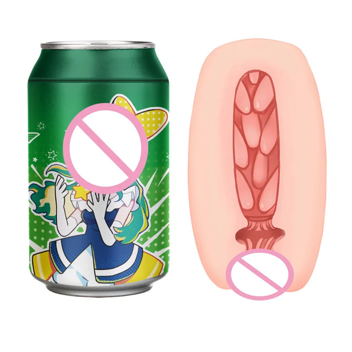 Green can with an anime girl in a skirt and colorful design background. A pink sleeve shows the inner pleasure chamber with a round tunnel and bumps and nodes.