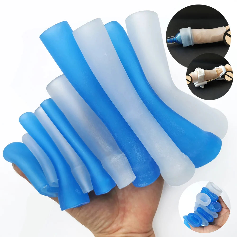An image of a group of silicone sleeves being squeezed together by a man to show the variety of sizes and colors