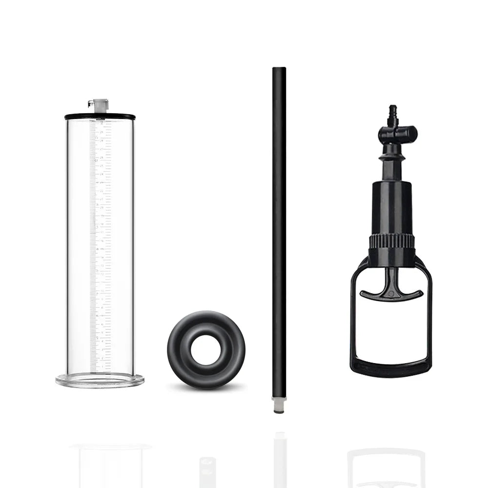 This image shows the four main components of the high-efficiency penis pump disassembled including the cylinder, sleeve, hose, and handle pump