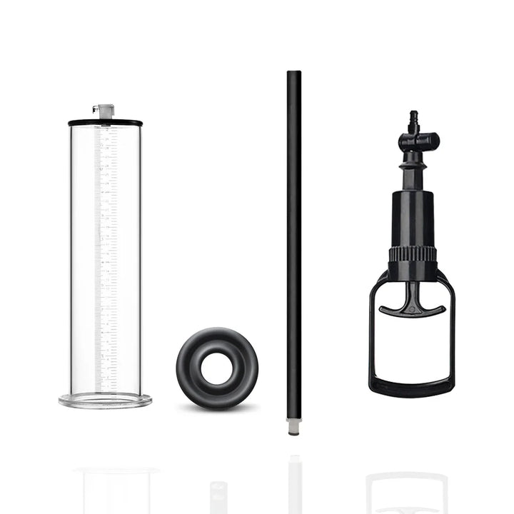 This image shows the four main components of the high-efficiency penis pump disassembled including the cylinder, sleeve, hose, and handle pump