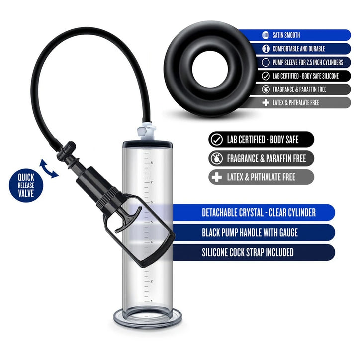 This image shows the high-efficiency manual handle air penis pump's various materials and benefits such as safe silicone materials, quick-release manual hand pump, and body-safe materials