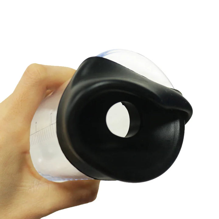 This image shows how to attach and wrap the black silicone sleeve around the opening of the clear penis pump cylinder